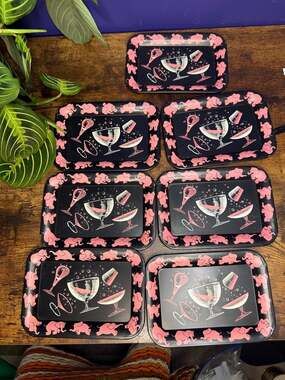 Vintage MCM Set of 7 Pink Elephant Cocktail Trays Metal Barware